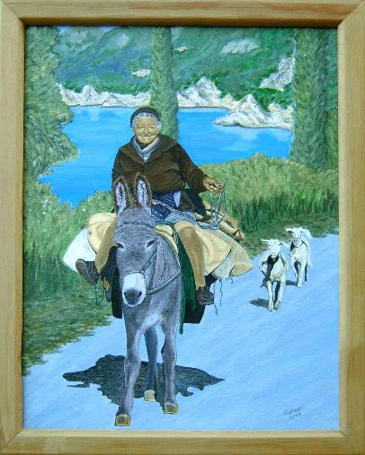Alte Frau auf Esel - Acryl auf Leinwand, 40x50 cm